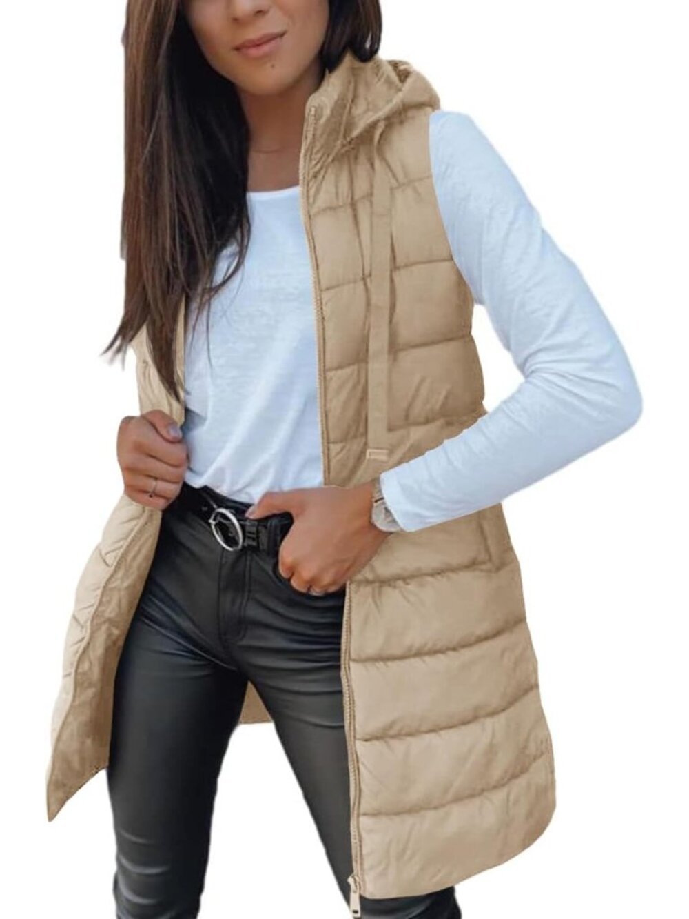 Women Long Vest Sleeveless Hood Winter Puffer Vest Outwear